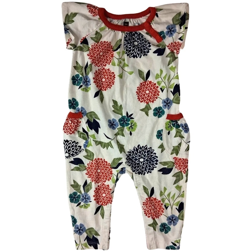 Tea Collection Baby Floral Jumpsuit 6 9 12 Mos Cotton 1pc Outfit Beige Red Navy